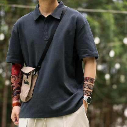 美式休閒肌理感短袖POLO衫男士寬鬆翻領重磅260G高級感T恤夏-Retro's Wear