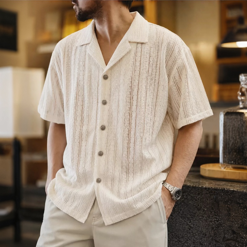 男士春夏新款鏤空襯衫寬鬆休閒設計感翻領短袖襯衣