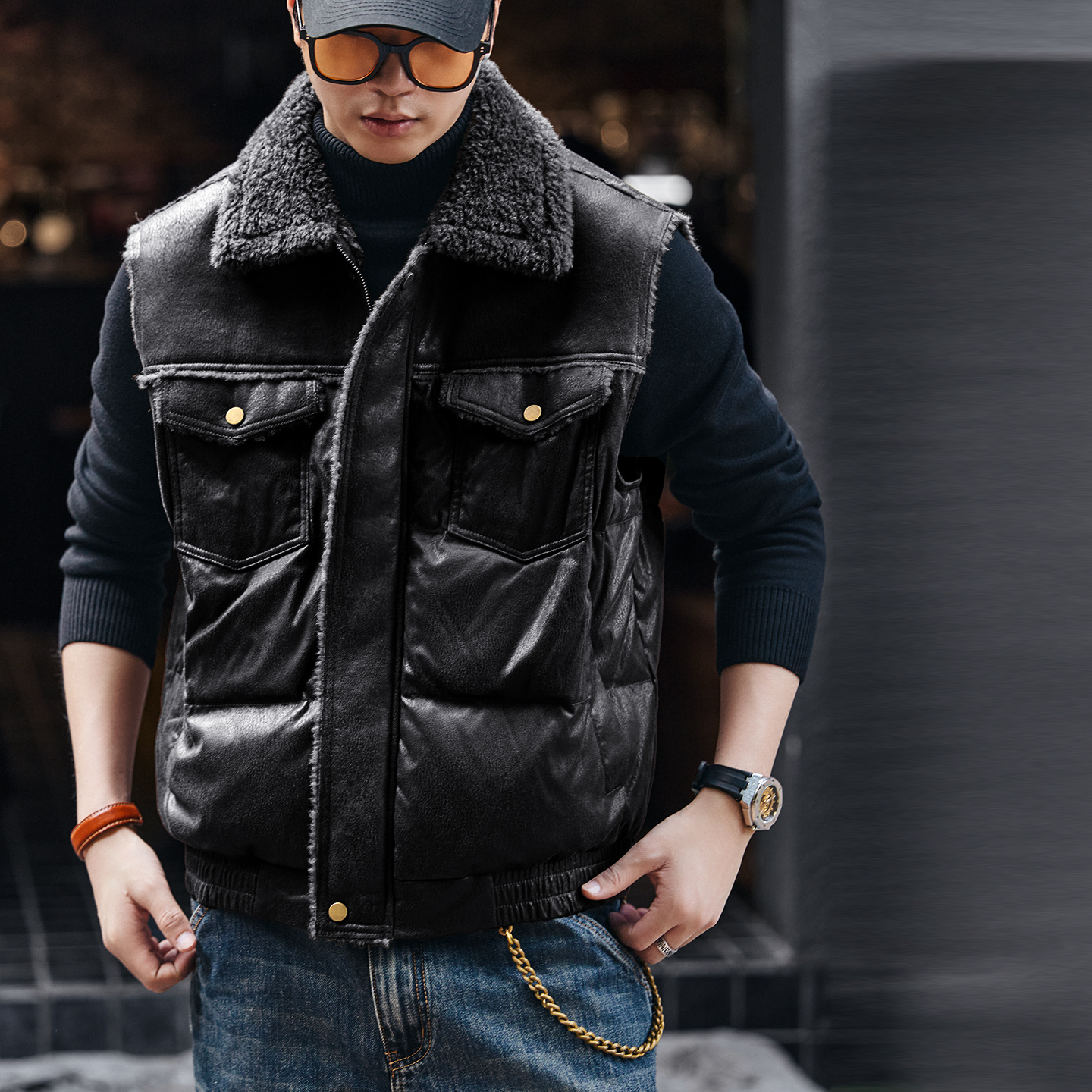 裂紋皮加厚羊羔絨棉衣馬甲男外套秋冬保暖棉服背心