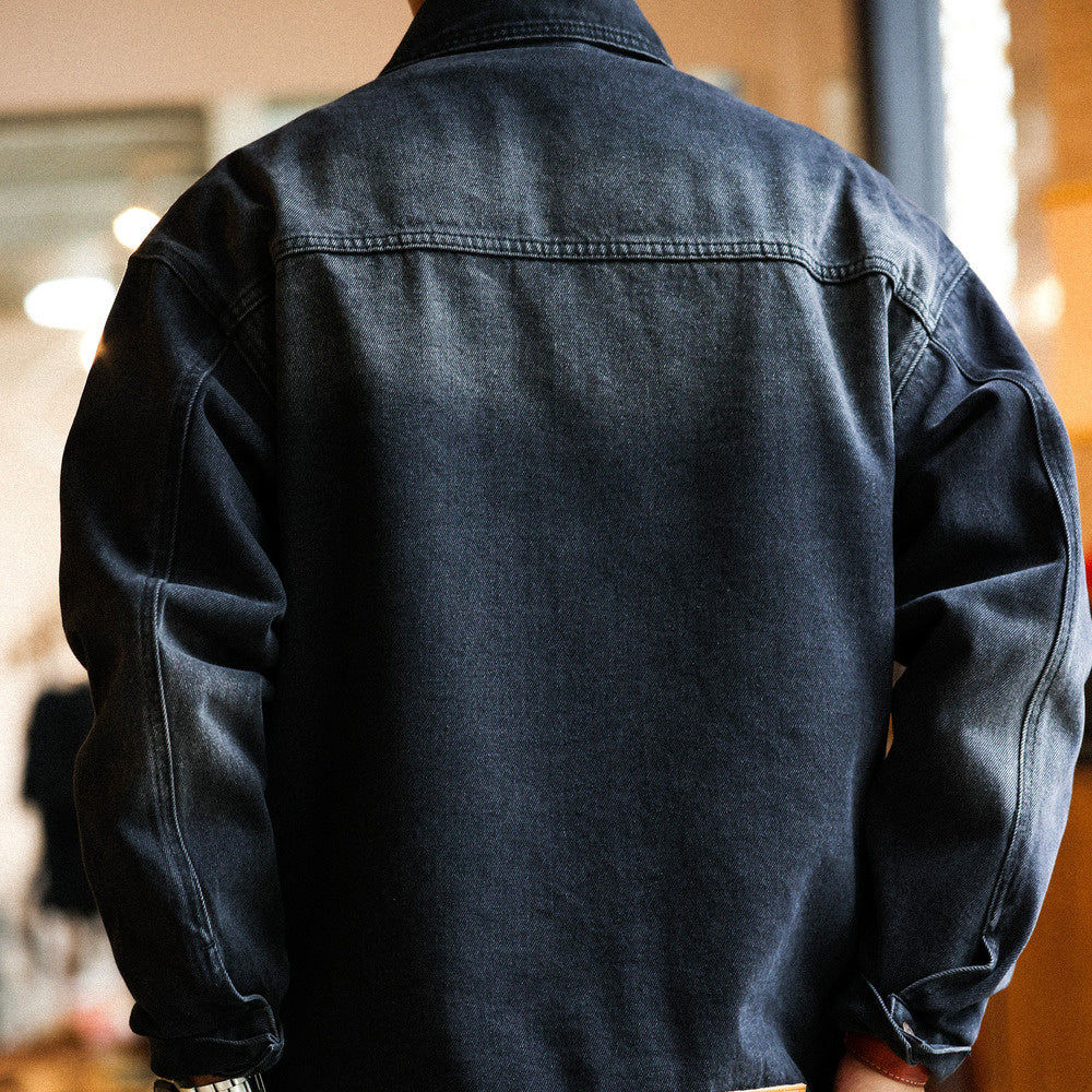 美式復古風暴騎士牛仔夾克男腰果花拼接口袋設計獵裝機車外套-Retro's Wear