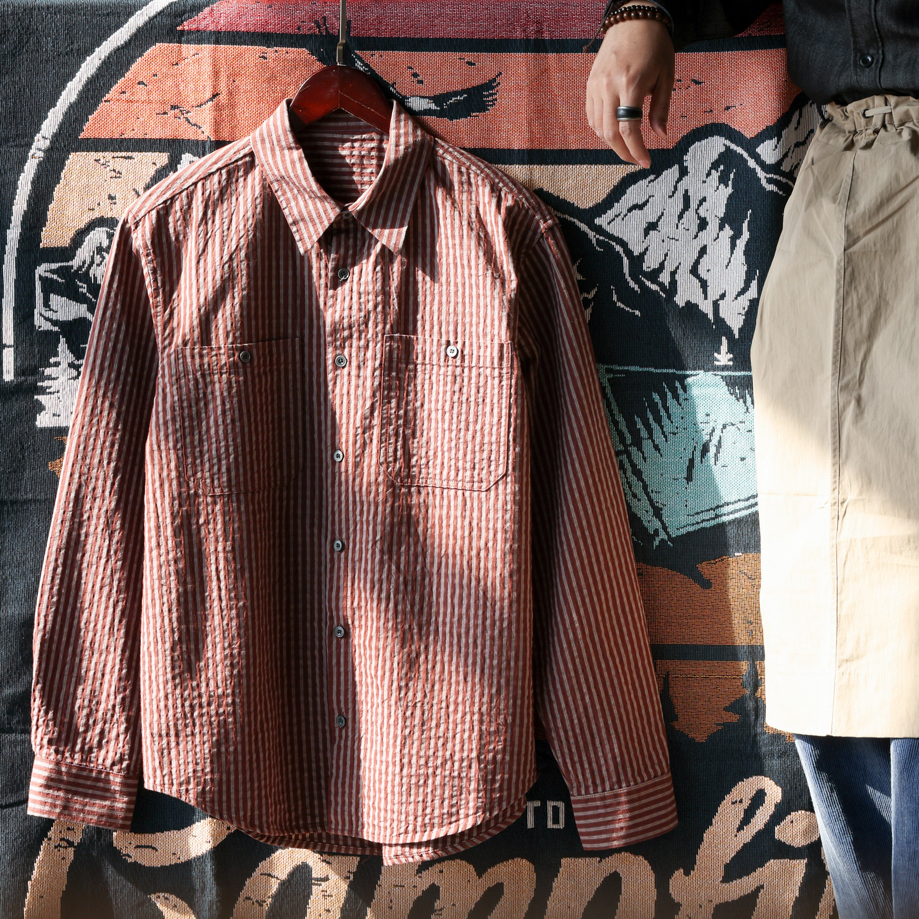 美式復古120g純棉豎條紋襯衫男寬鬆泡泡紗咖色襯衣外套