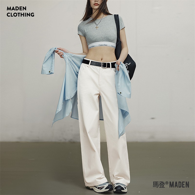 棉籽殼白色伐木工直筒褲純棉百搭休閒褲美式復古工裝褲夏季女-Retro's Wear