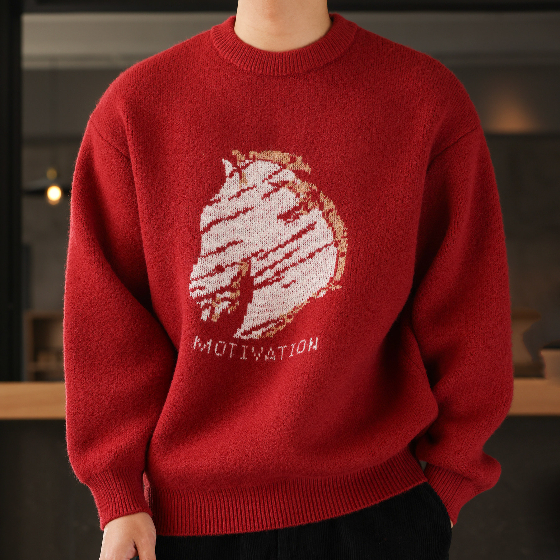 聖誕紅色25馬年美式復古提花毛衣加厚保暖圓領針織衫