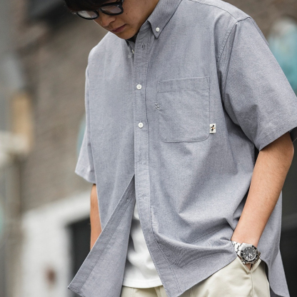 美式復古oversize白色疊穿短袖襯衫寬鬆cityboy襯衣男夏