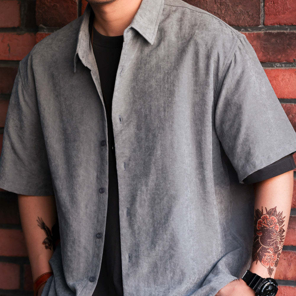 夏日橙色休閒短袖襯衫男美式寬鬆抗皺高級感痞帥疊穿襯衣