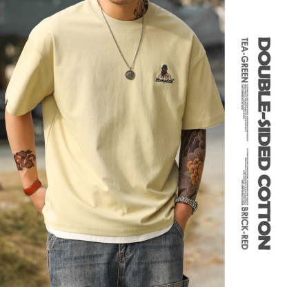 美式休閒趣味刺繡短袖T恤男210g雙面棉安可拉紅色打底衫