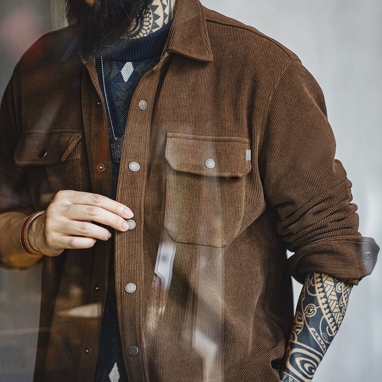 美式復古重磅針織條絨襯衫夾克仿燈芯絨翻領外套男秋冬季-Retro's Wear