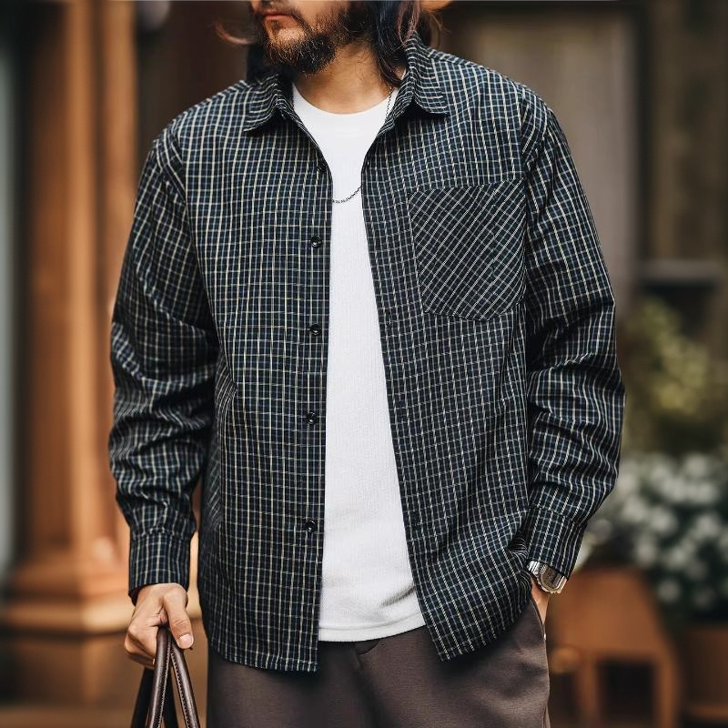 美式高街港風休閒格子襯衫男士2026春秋新款寬鬆襯衣外套男