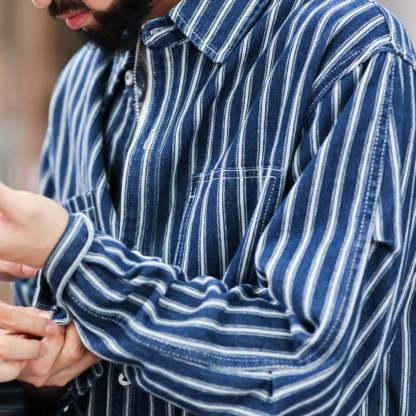 美式復古豎條紋襯衫男微寬長袖口袋戶外休閒牛仔襯衣外套-Retro's Wear