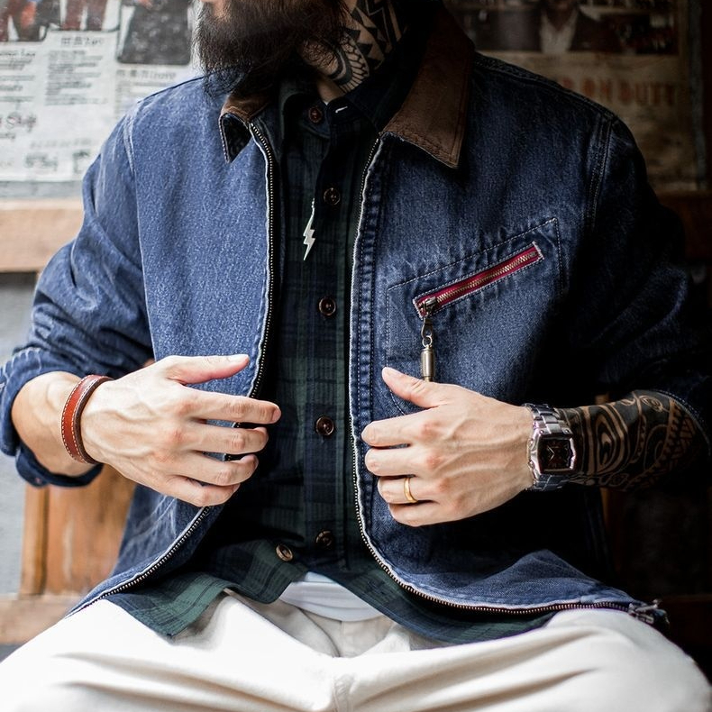 美式復古水洗牛仔底特律夾克vintage做舊短款外套男秋季