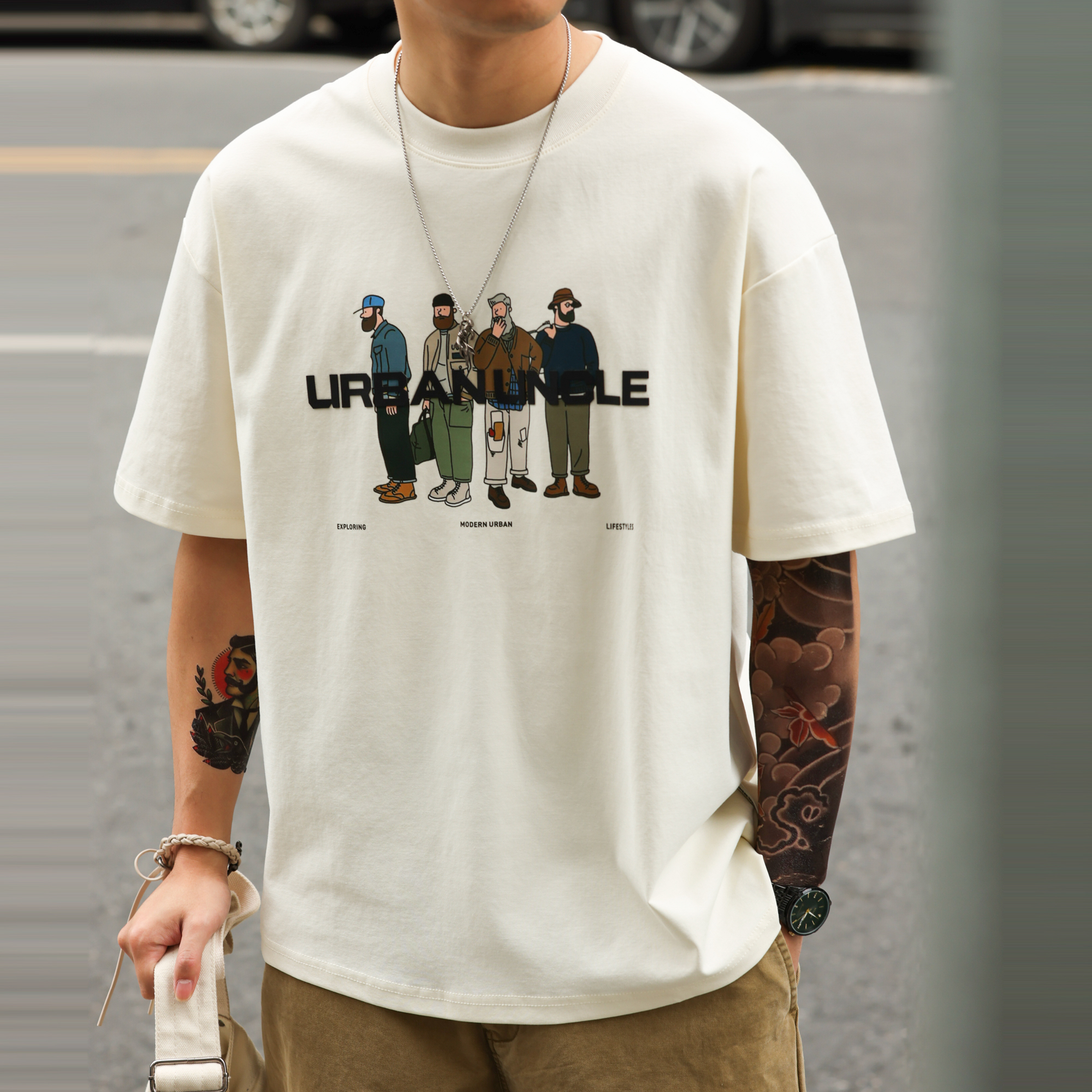 美式休閒趣味人物印花T恤男夏季街頭220g雙面棉短袖體恤