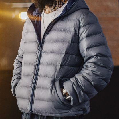 美式輕薄排骨羽絨服男秋冬保暖內膽短款羽絨夾克（連帽）