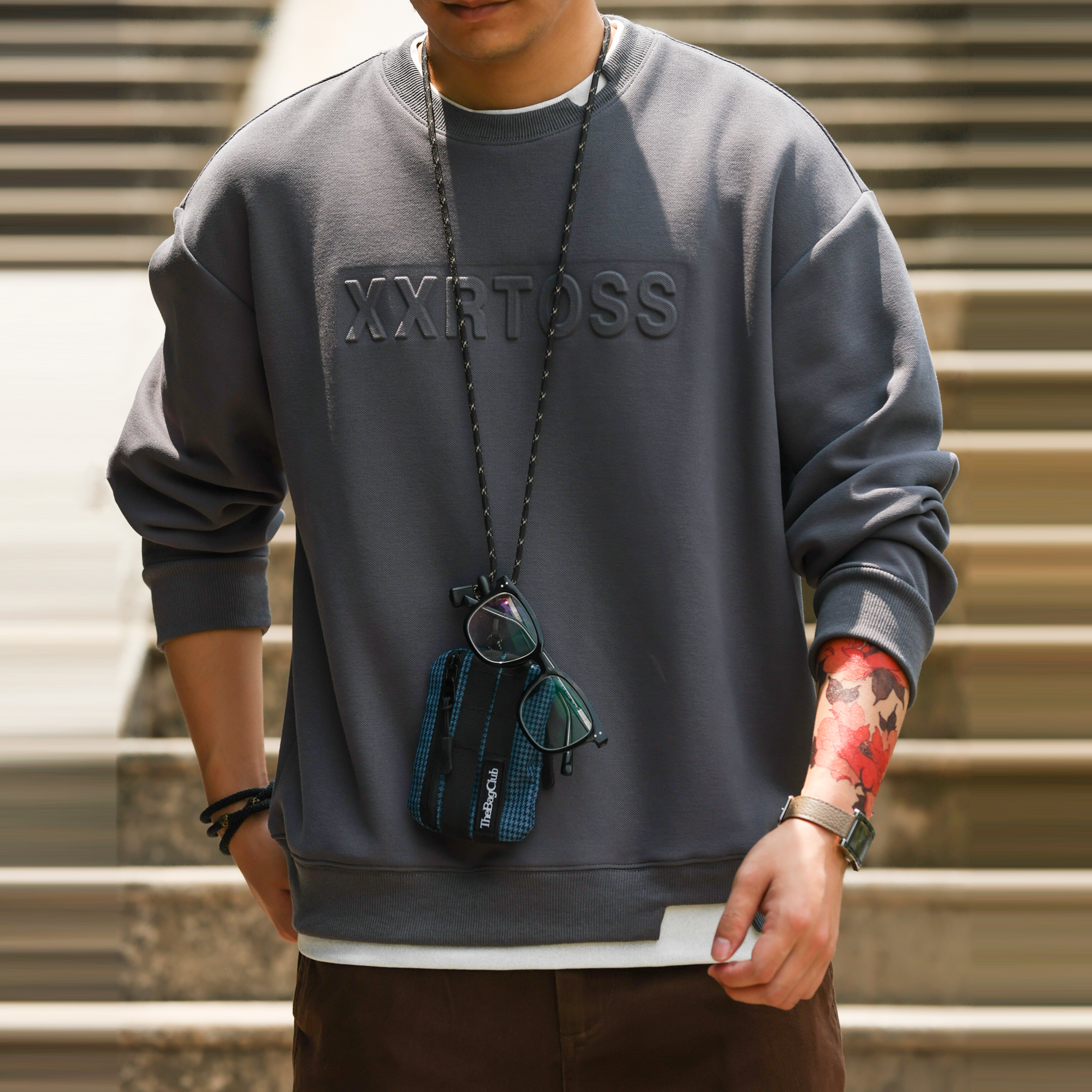 美式復古320g假兩件圓領衛衣男3D立體鋼印套頭無帽上衣