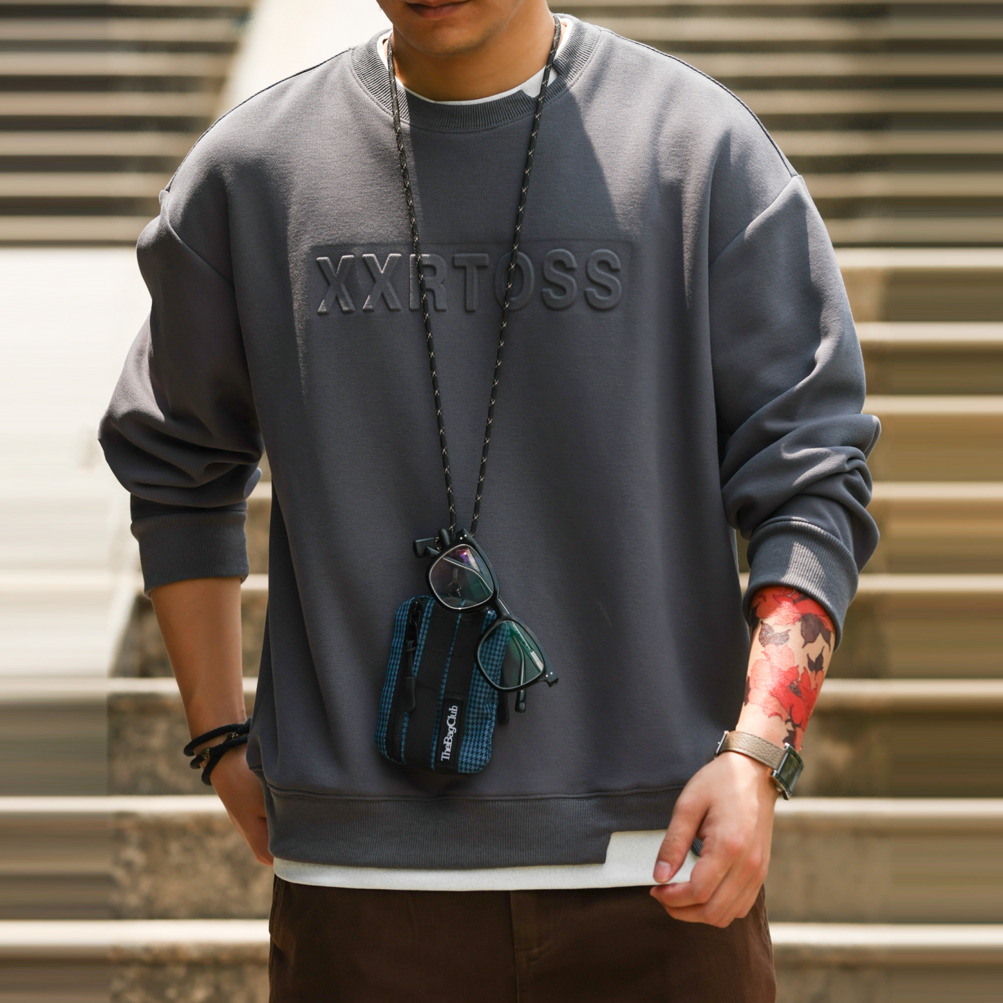 美式復古320g假兩件圓領衛衣男3D立體鋼印套頭無帽上衣