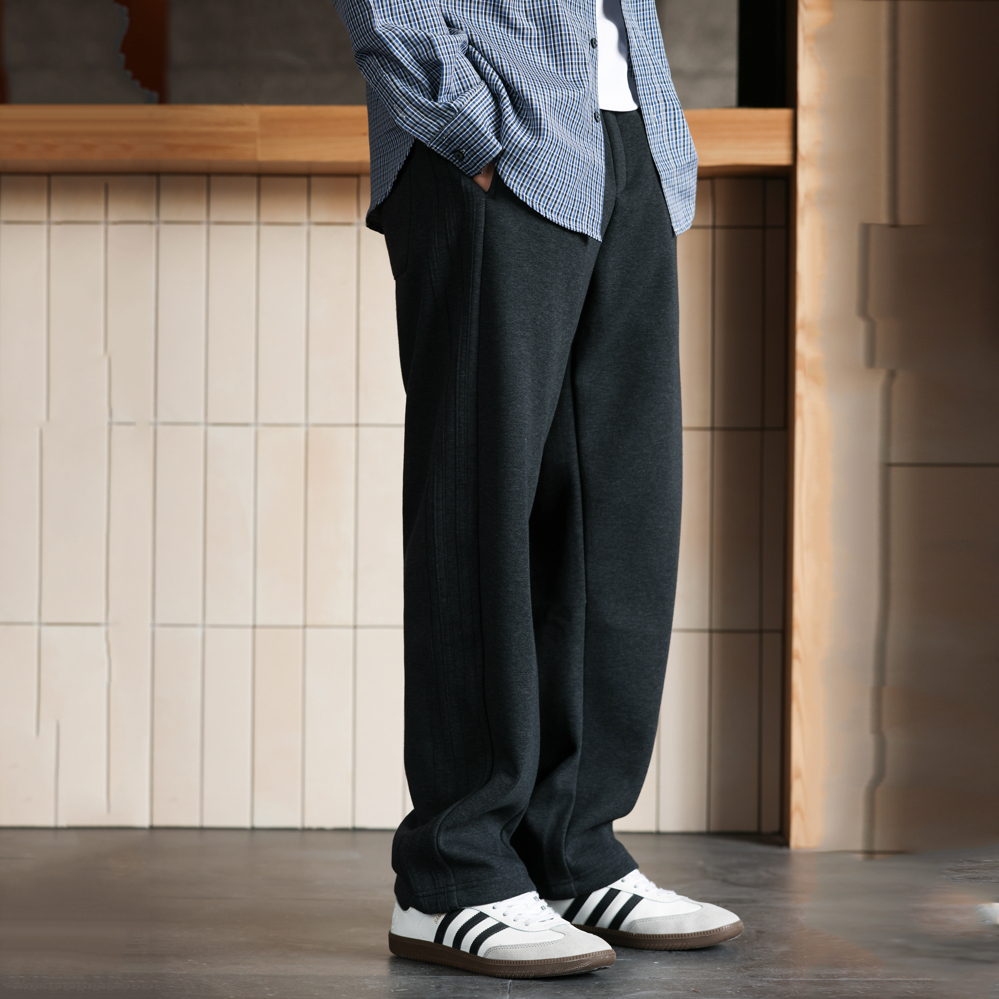 美式重磅麥穗棉小彎刀休閒褲男加絨加厚保暖運動衛褲冬