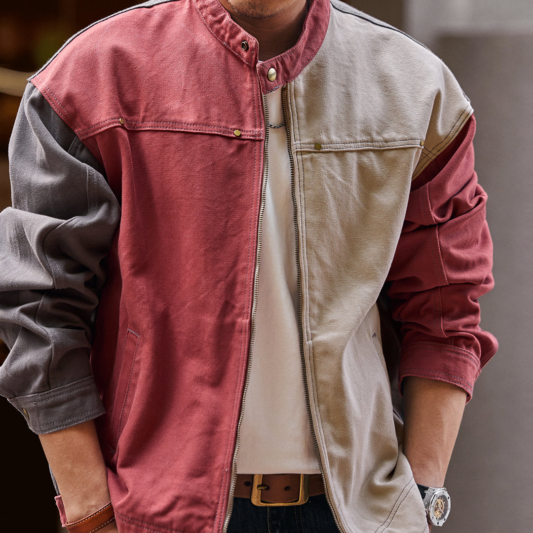美式撞色哈靈頓拼色工裝夾克外套男款2025秋季重磅休閒獵裝