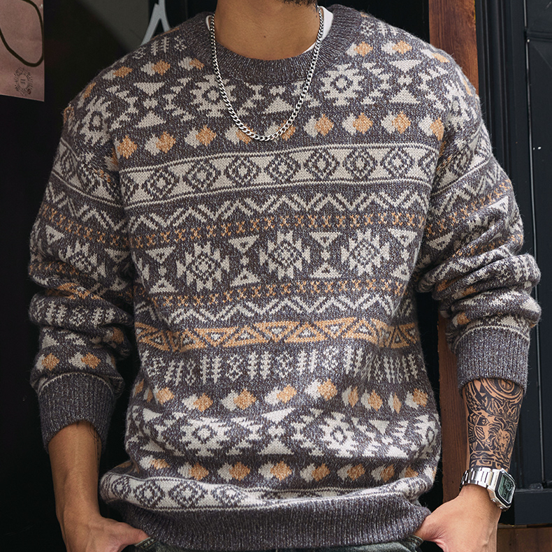費爾島復古慵懶感圓領毛衣男2025冬季新款加厚保暖提花針織衫上衣