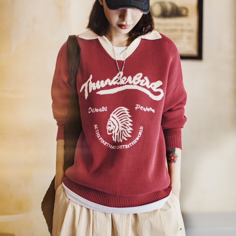 復古酒紅撞色V翻領寬鬆套頭提花保暖加厚毛衣針織衫上衣女冬