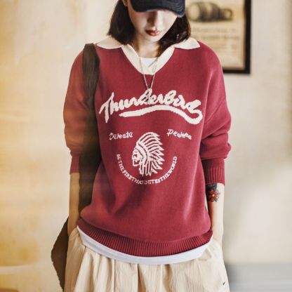 復古酒紅撞色V翻領寬鬆套頭提花保暖加厚毛衣針織衫上衣女冬