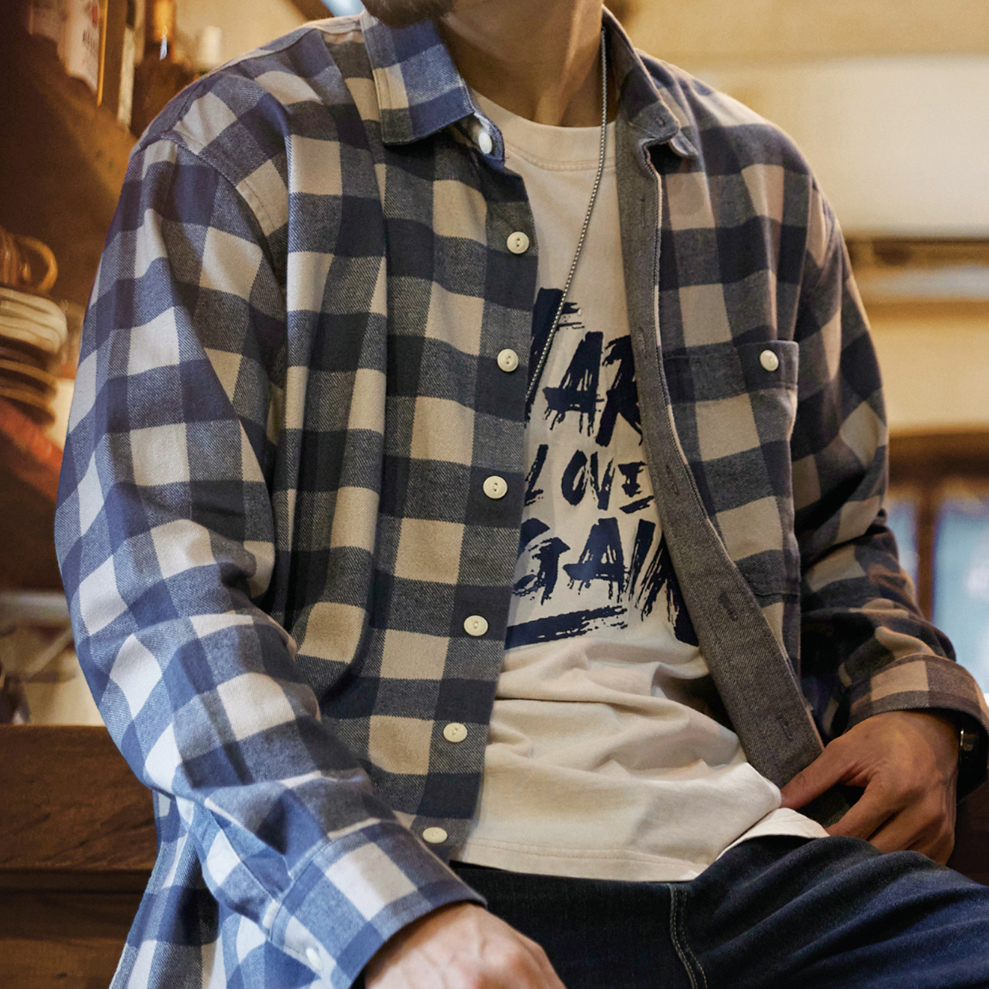 8盎司萊賽爾藍色格子襯衫男2025秋季新款美式鬆弛感長袖襯衣外套