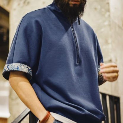 美式復古boro風半開襟polo古布印花寬鬆休閒翻領T恤男夏