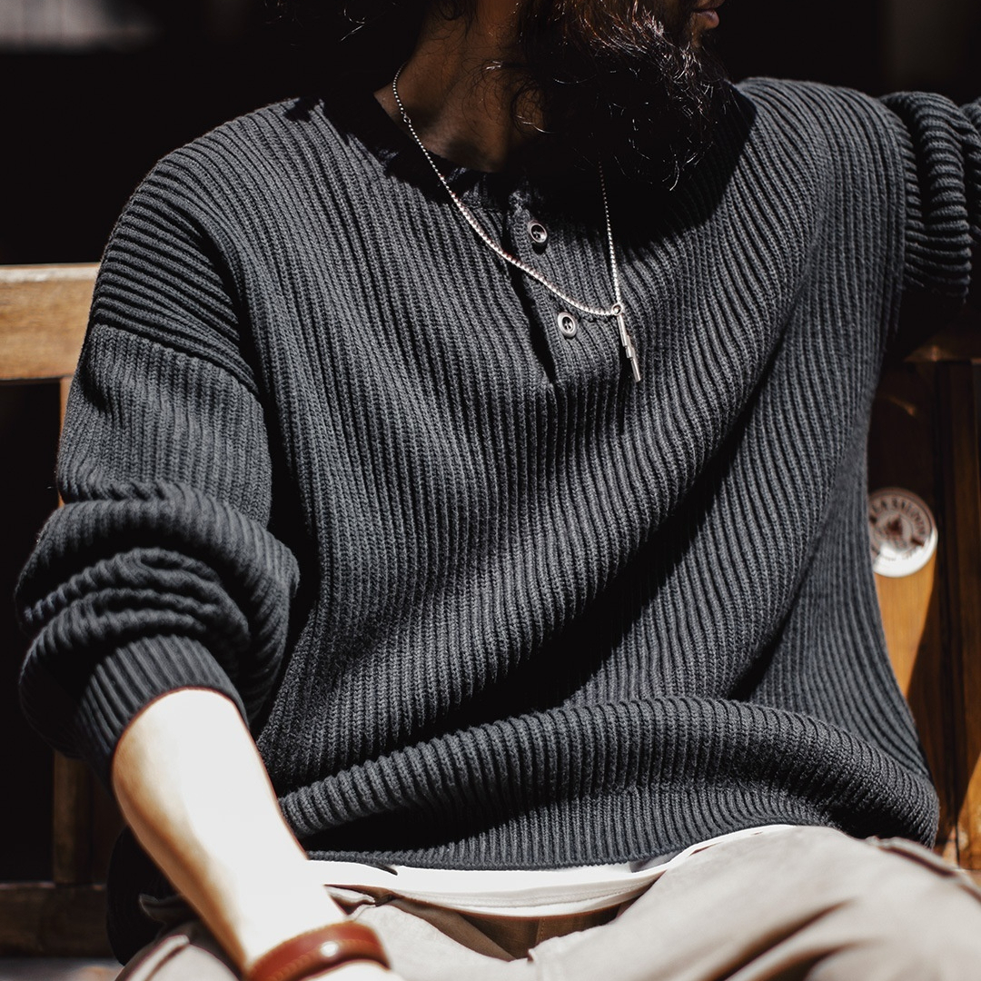 美式重磅亨利領毛衣黑色外穿高克重垂感通勤套頭寬鬆男冬