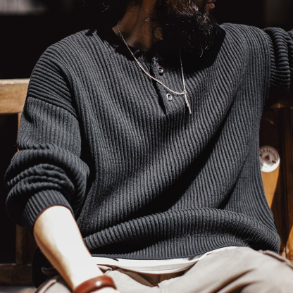 美式重磅亨利領毛衣黑色外穿高克重垂感通勤套頭寬鬆男冬