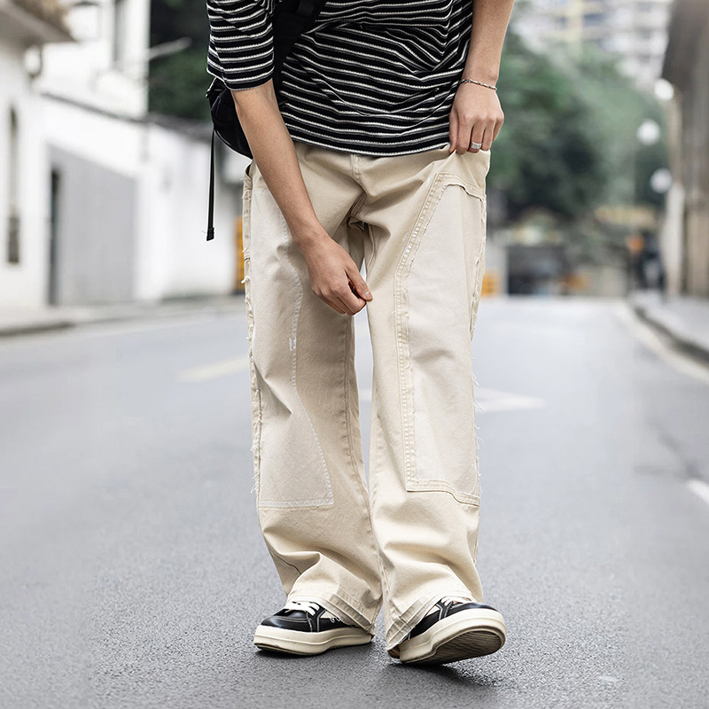 MRA破壞潑墨寬鬆米白牛仔褲復古休閒直筒多口袋伐木工褲男夏