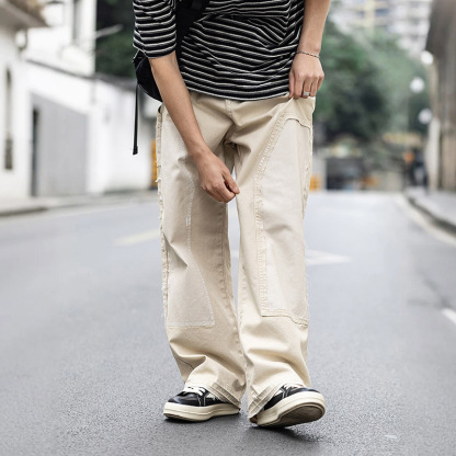 MRA破壞潑墨寬鬆米白牛仔褲復古休閒直筒多口袋伐木工褲男夏