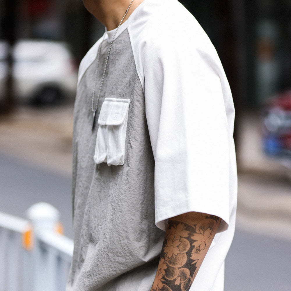 美式復古運動短袖T恤男寬鬆cityboy風格戶外休閒拼接口袋TEE-Retro's Wear