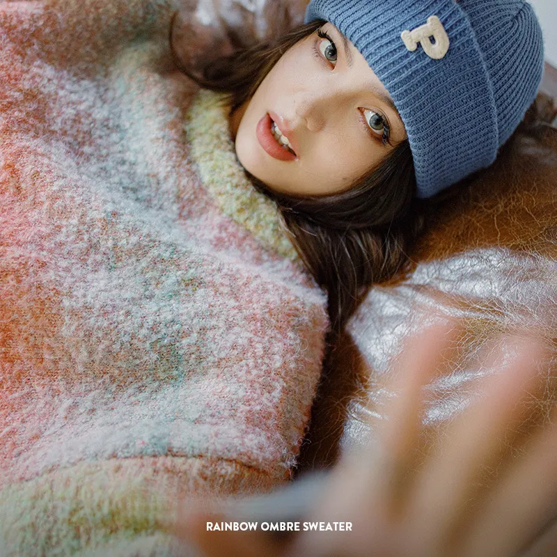 漸變多巴胺彩虹毛衣圈圈毛絨套頭內搭慵懶風針織衫上衣春秋女-Retro's Wear