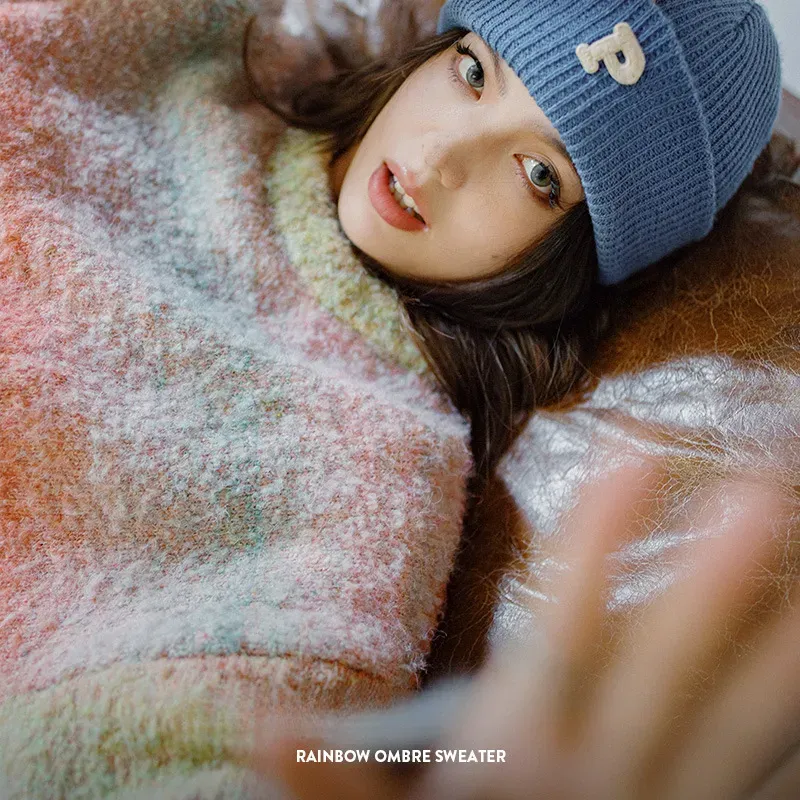 漸變多巴胺彩虹毛衣圈圈毛絨套頭內搭慵懶風針織衫上衣春秋女-Retro's Wear