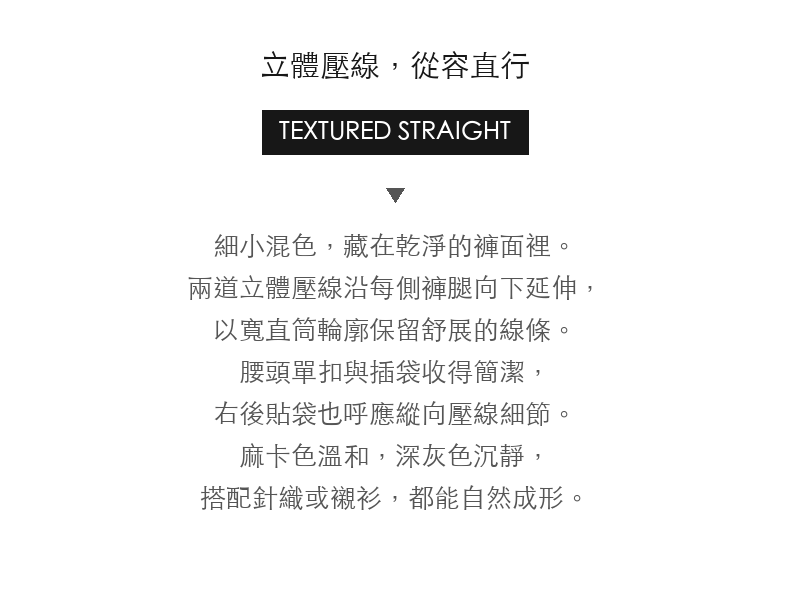 混色肌理立體壓線寬直筒休閒長褲 · 03-intro