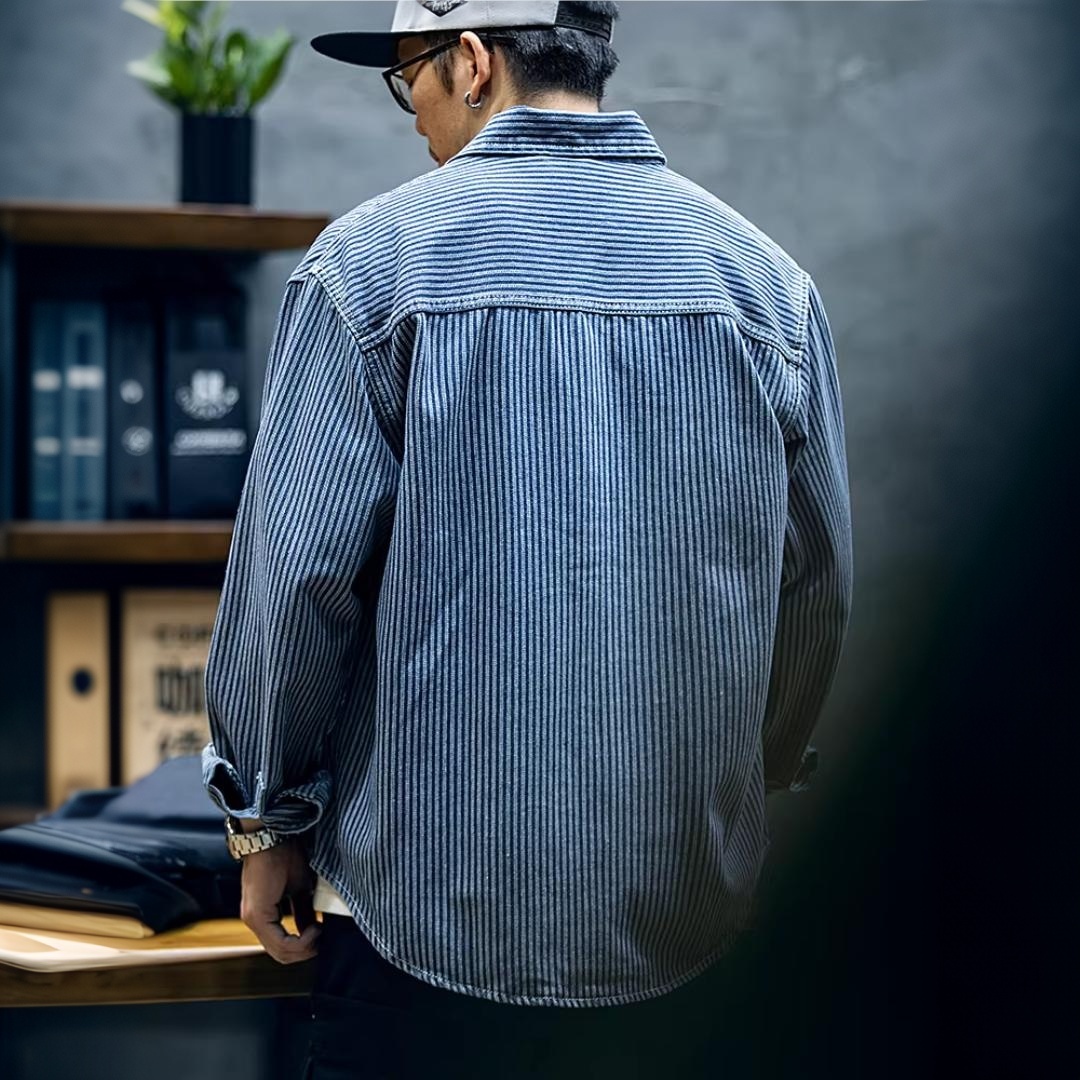 美式條紋牛仔襯衫男春季寬鬆潮牌大碼長袖襯衣男士藍色休閒外套