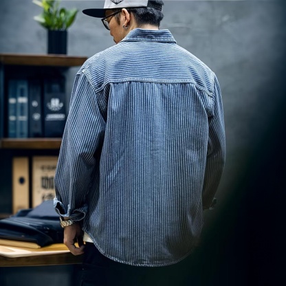 美式條紋牛仔襯衫男春季寬鬆潮牌大碼長袖襯衣男士藍色休閒外套