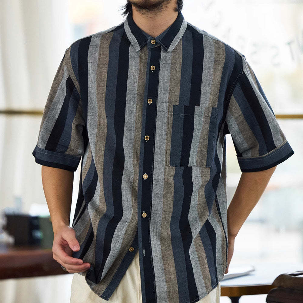 日系復古150g麻感短袖襯衫男民族風撞色條紋半袖襯衣夏