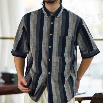 日系復古150g麻感短袖襯衫男民族風撞色條紋半袖襯衣夏