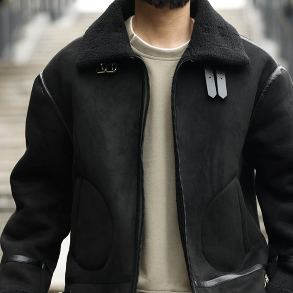 美式復古拼接麂皮絨棉衣外套男加厚保暖羊羔絨機車夾克