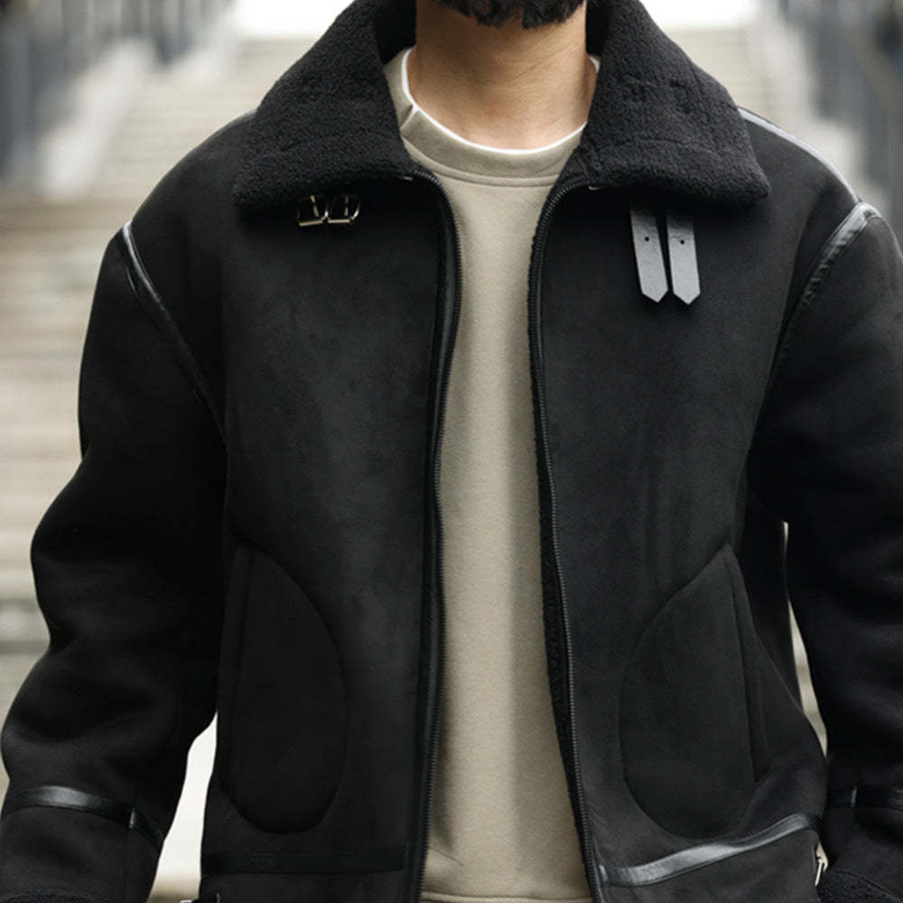 美式復古拼接麂皮絨棉衣外套男加厚保暖羊羔絨機車夾克