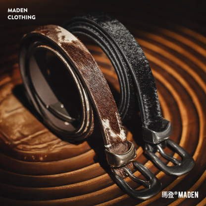 復古黑色豹紋百搭馬毛針扣頭細窄款小真牛皮皮腰帶配裝潢女士