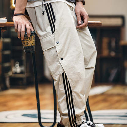 美式拼接條紋工裝束脚休閒褲男春夏2025新款彈力速幹運動褲子薄款