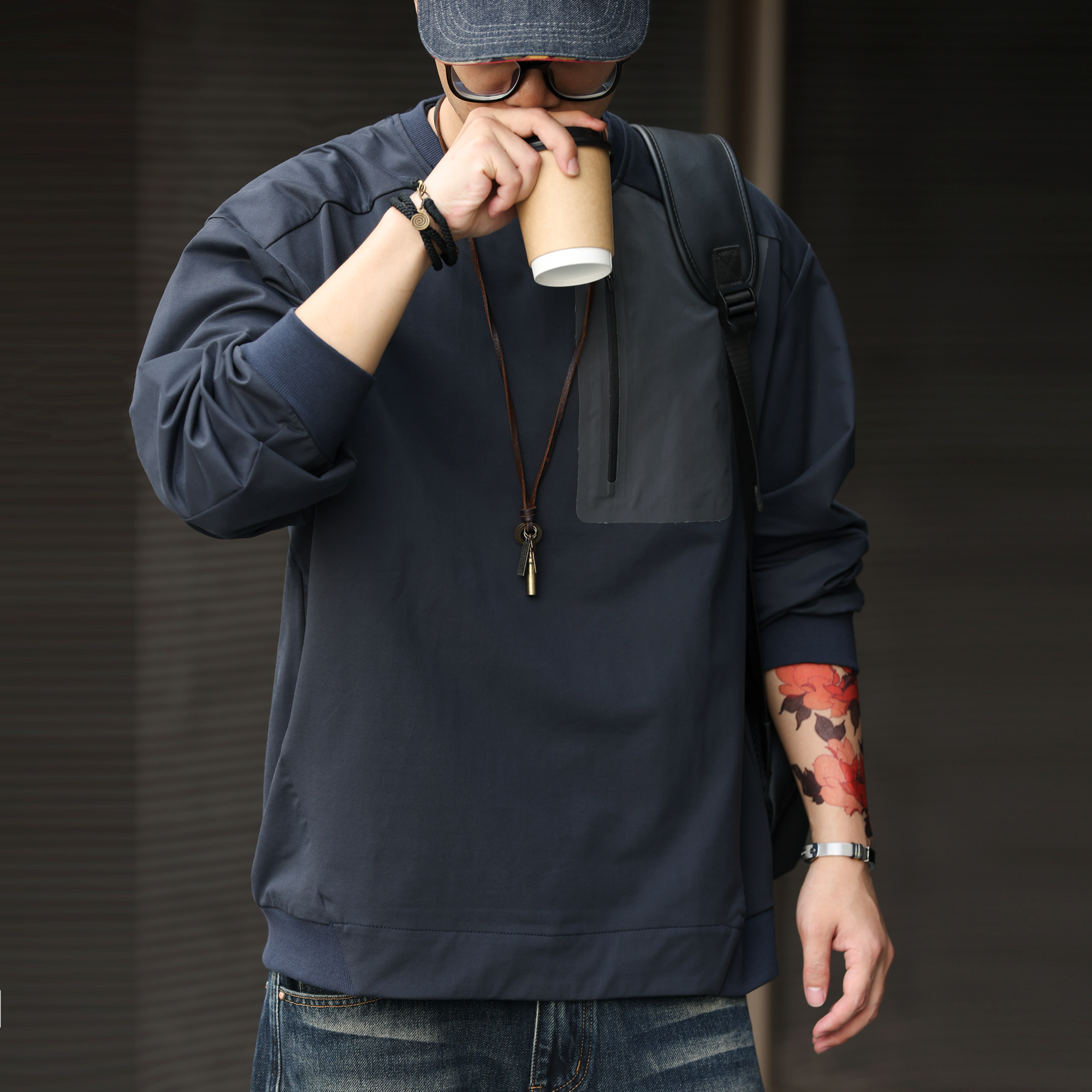 美式戶外仿梭織拼接口袋衛衣男300g防曬速幹運動上衣秋