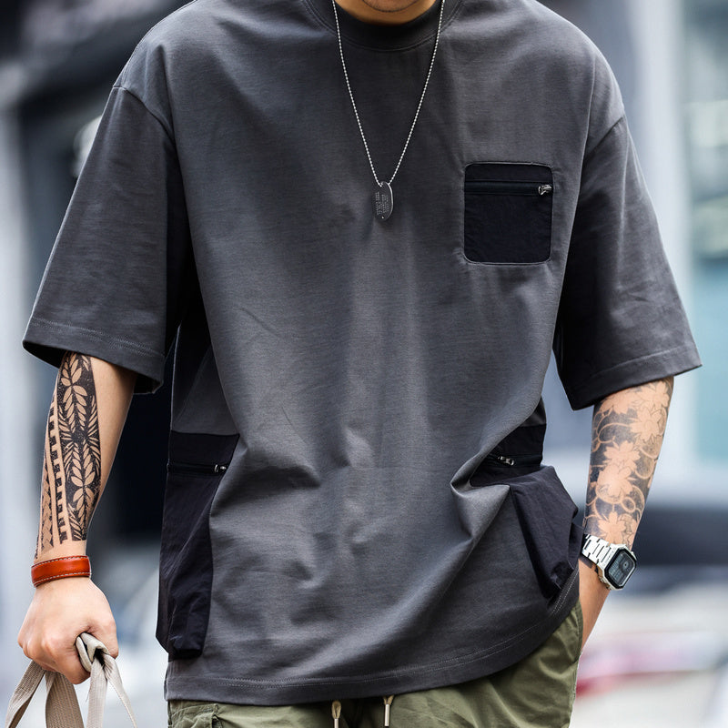 美式復古戶外拉鍊口袋設計短袖T恤男寬鬆撞色拼接機能風TEE-Retro's Wear