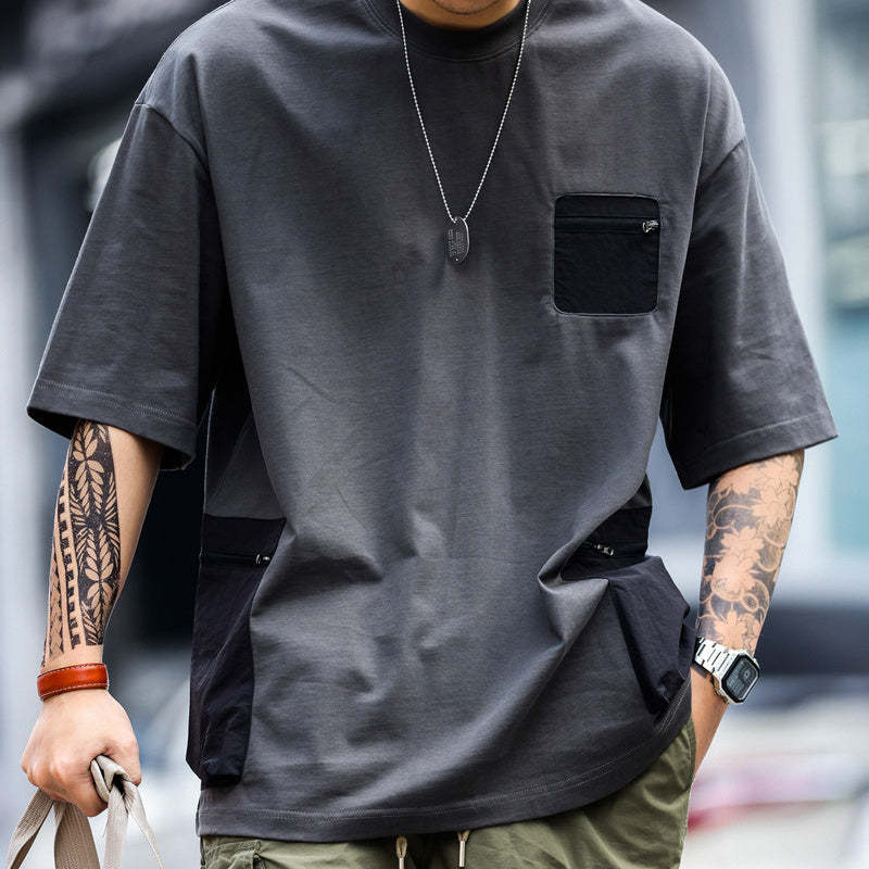 美式復古戶外拉鍊口袋設計短袖T恤男寬鬆撞色拼接機能風TEE-Retro's Wear
