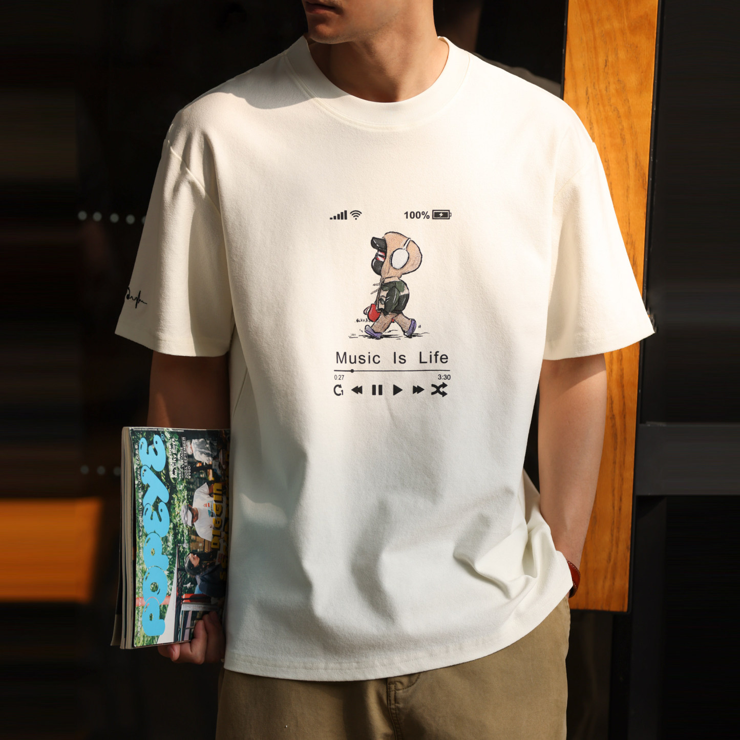 磨褶肌理感印花刺繡短袖T恤男士美式休閒寬鬆趣味打底衫