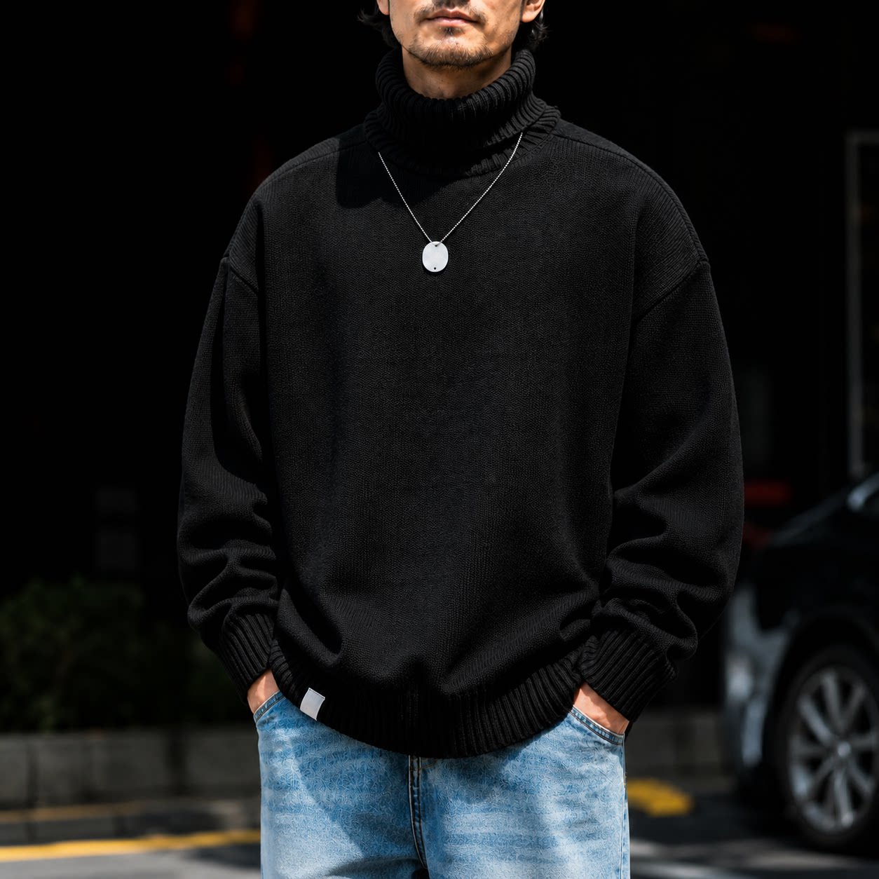 秋季新款男士日系慵懶風高領毛衣休閒寬鬆針織打底衫