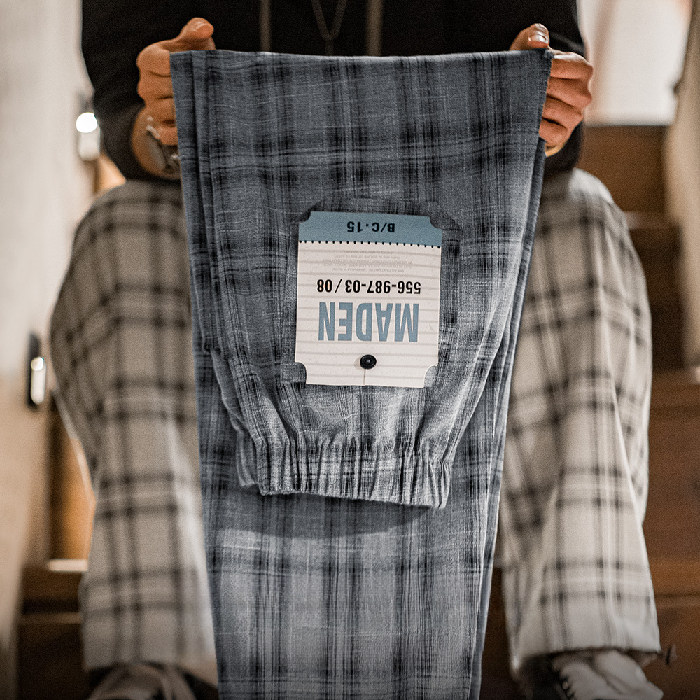 美式復古束脚闊腿格子褲色織寬鬆薄款抽繩直筒休閒褲男春