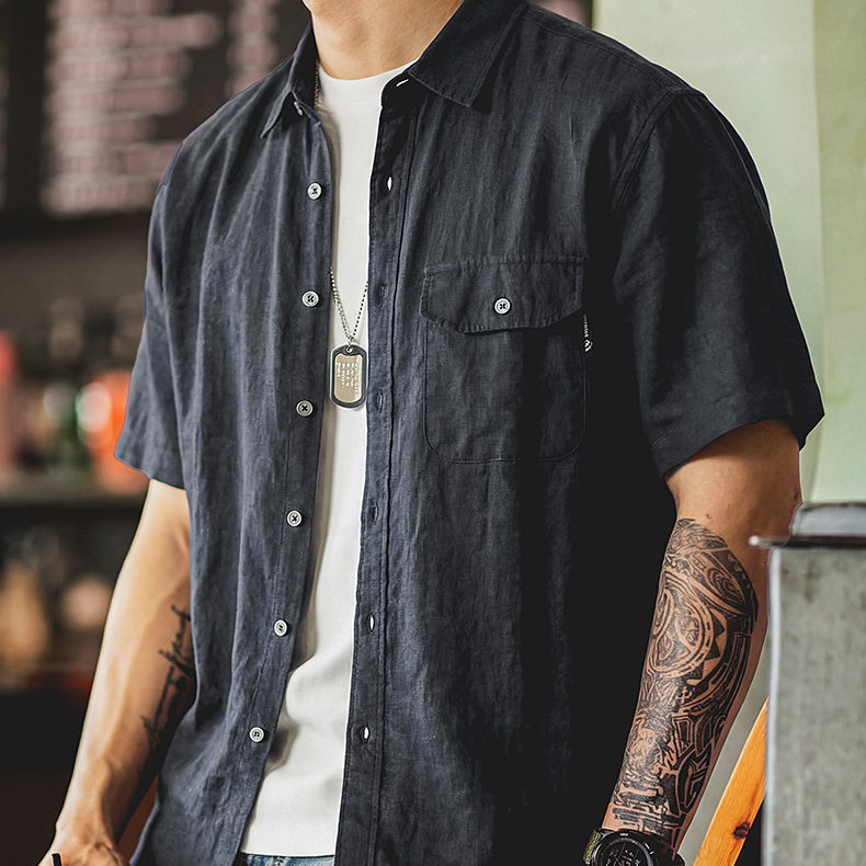 美式工裝短袖襯衫男夏季款寬鬆復古廓形垂感襯衣翻領透氣半袖外套