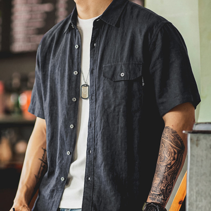 美式工裝短袖襯衫男夏季款寬鬆復古廓形垂感襯衣翻領透氣半袖外套