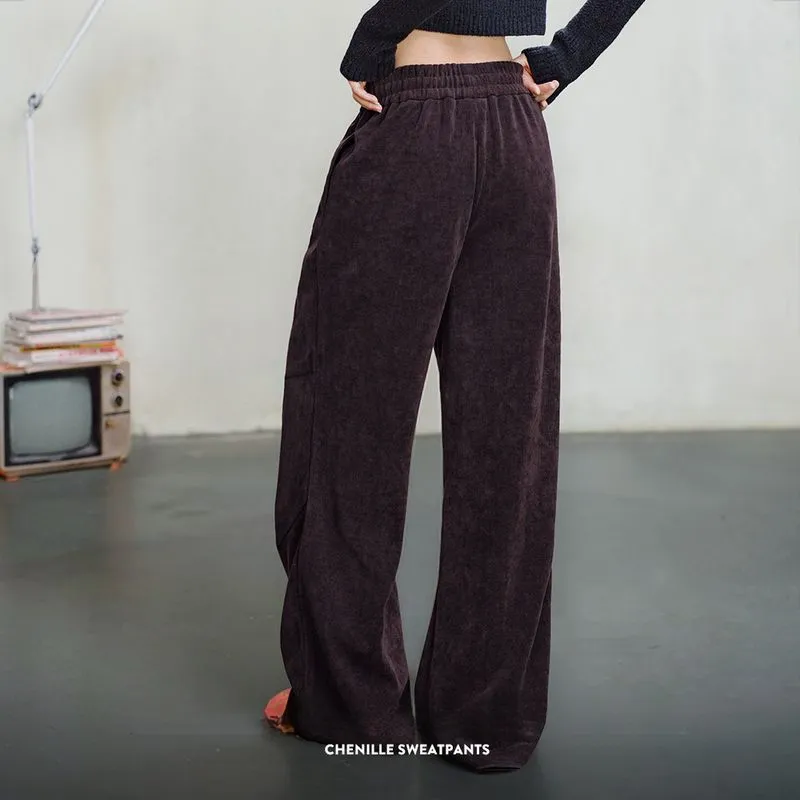 美式復古雪尼爾衛褲慵懶休閒褲寬鬆顯瘦闊腿褲直筒長褲春秋女-Retro's Wear